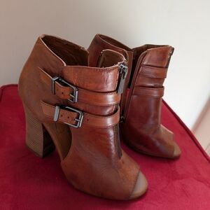 Brown Leather Open Toe Ankle Booties